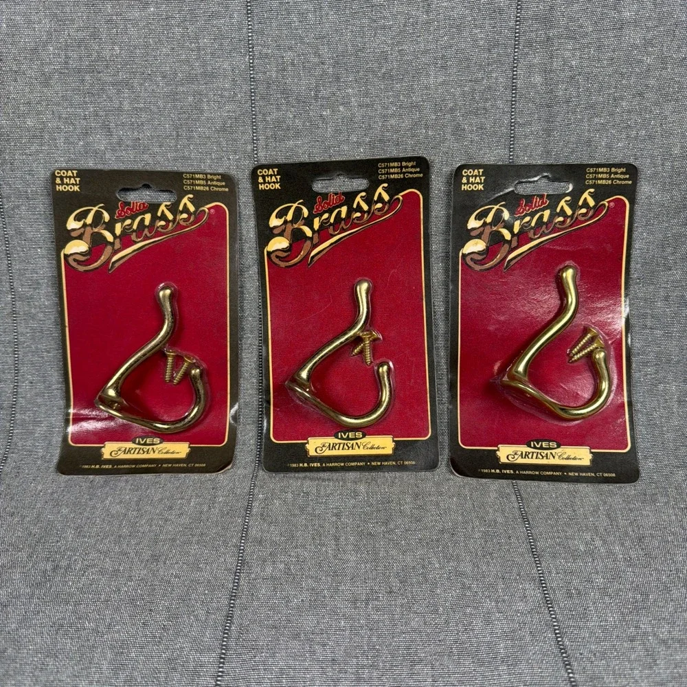 Vintage Solid Brass Coat Hat Hooks Set of 3 Made In USA IVES Artisan 1983